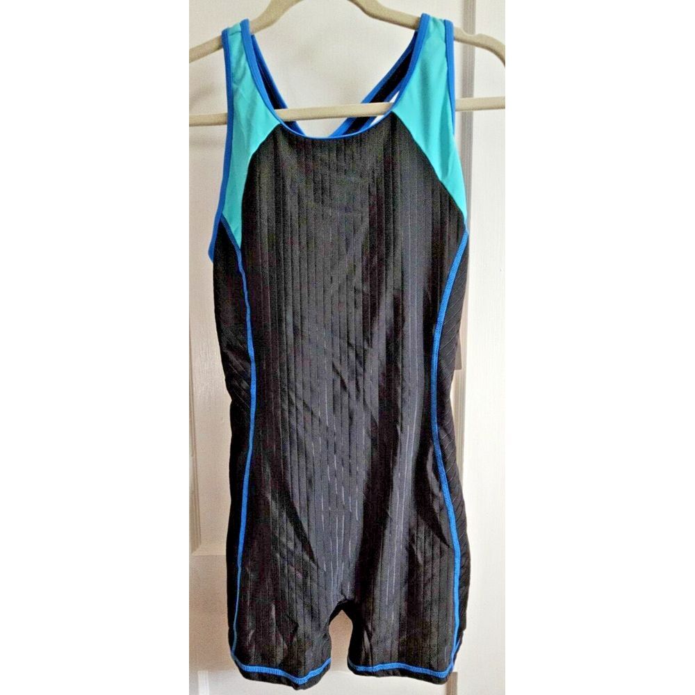 NWT My Charmo Swim Jumpsuit Women M Blue Black One Piece Swimsuit Athletic UPF50